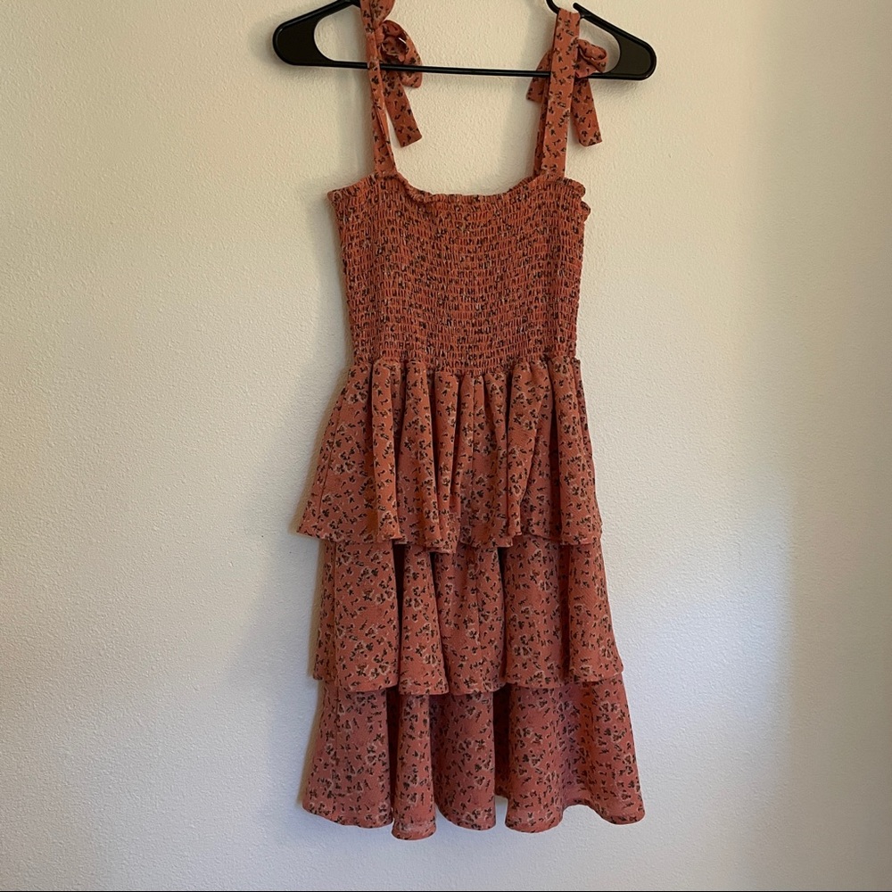 Tie shoulder, Tiered Ruffle Floral Print Dress Pink
